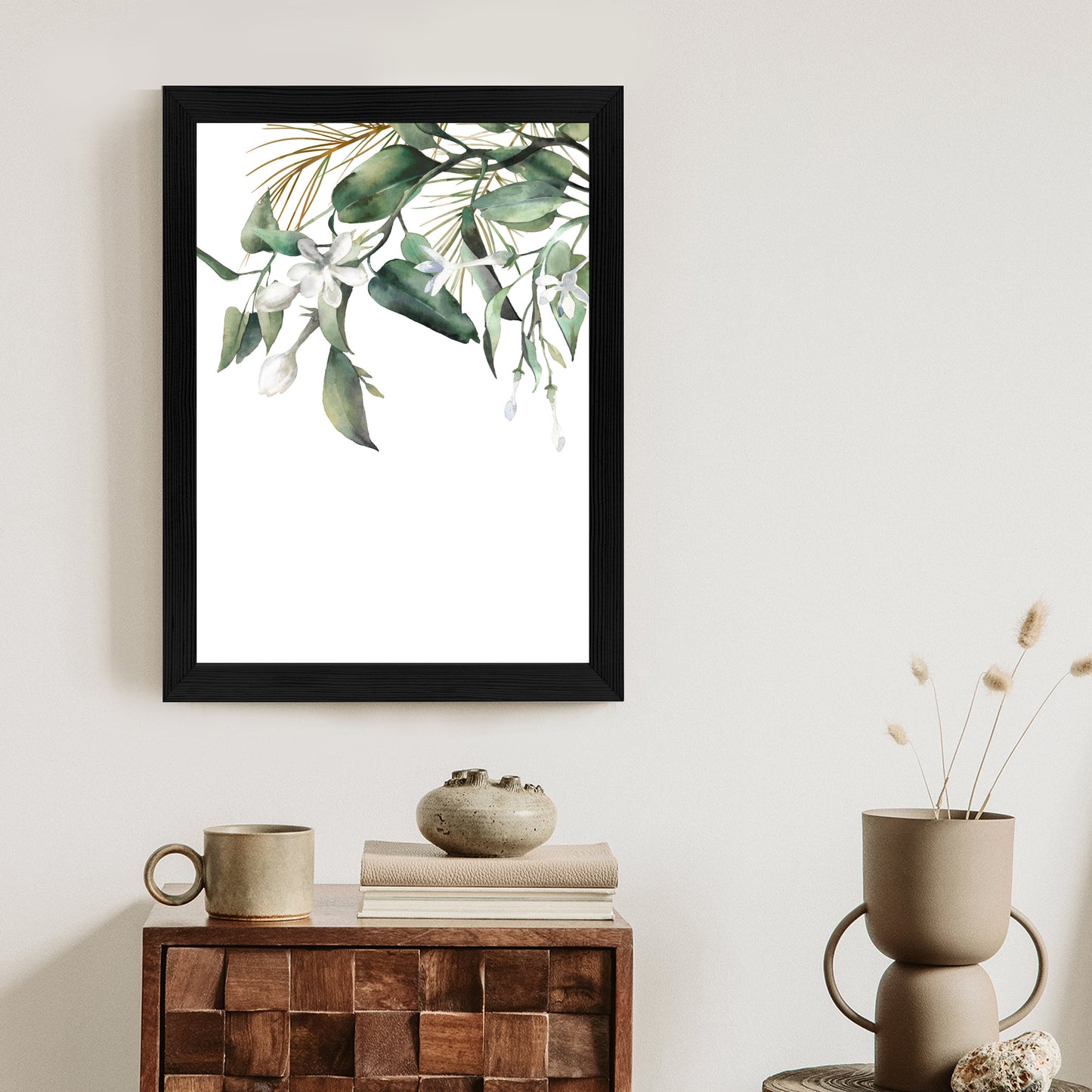 Poster Weiße Blumen Auf Grünen Aquarellzweigen Rahmen Holz Mit Passepartout Farbe Natürlich