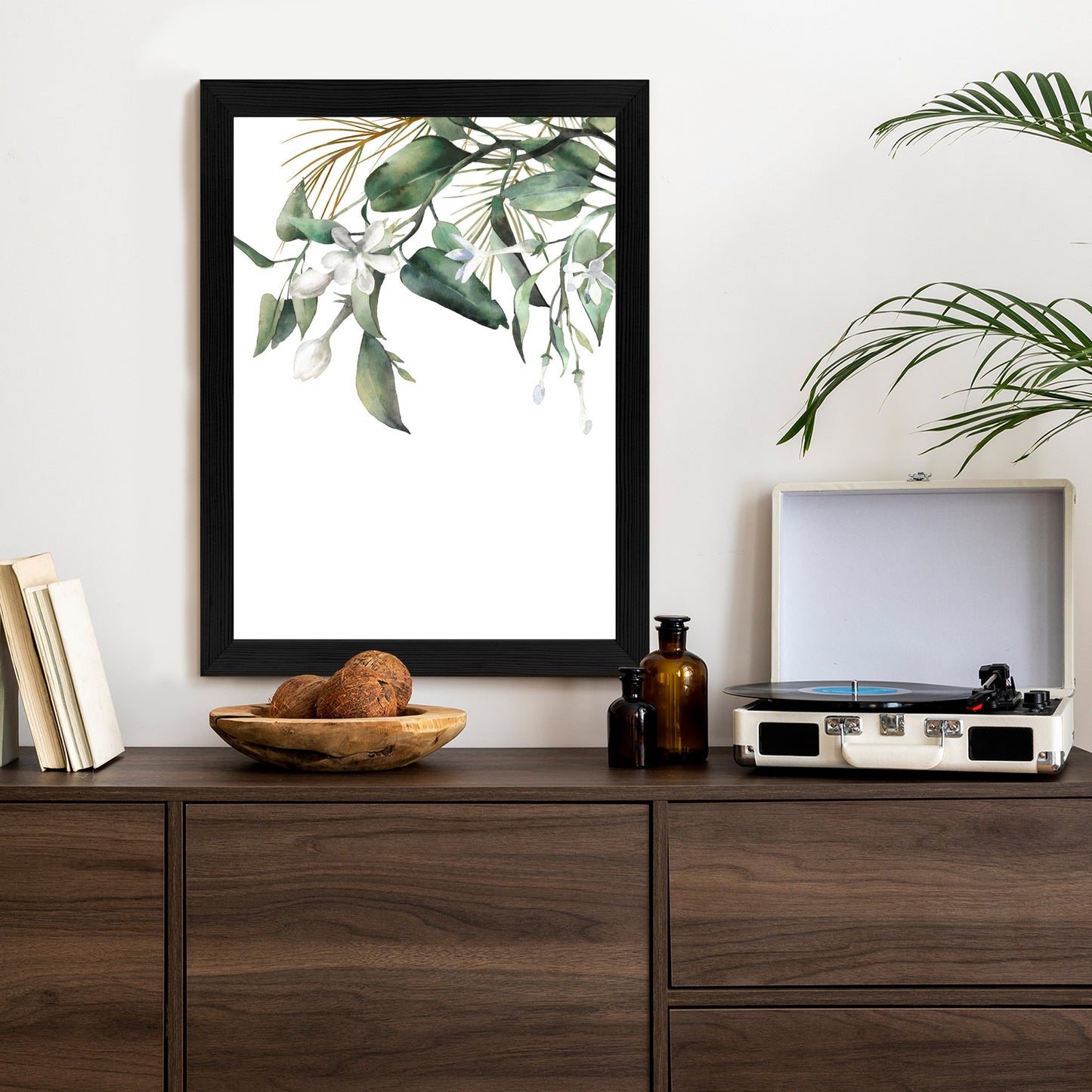 Poster Weiße Blumen Auf Grünen Aquarellzweigen Rahmen Holz Mit Passepartout Farbe Natürlich