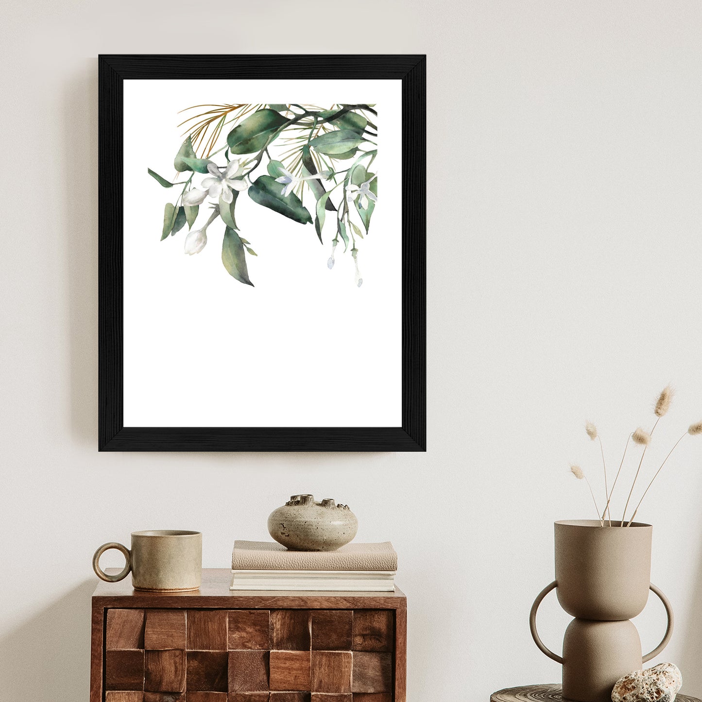 Poster Weiße Blumen Auf Grünen Aquarellzweigen Rahmen Holz Mit Passepartout Farbe Natürlich