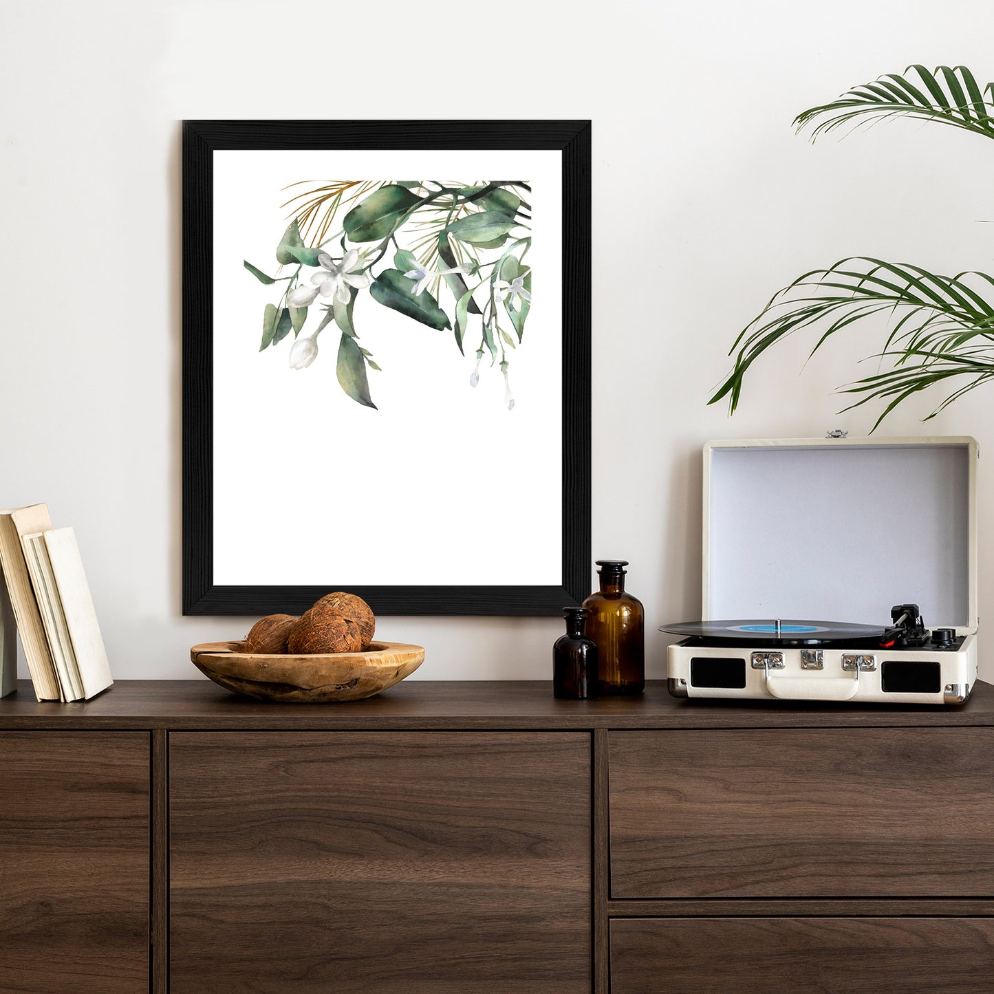Poster Weiße Blumen Auf Grünen Aquarellzweigen Rahmen Holz Mit Passepartout Farbe Natürlich