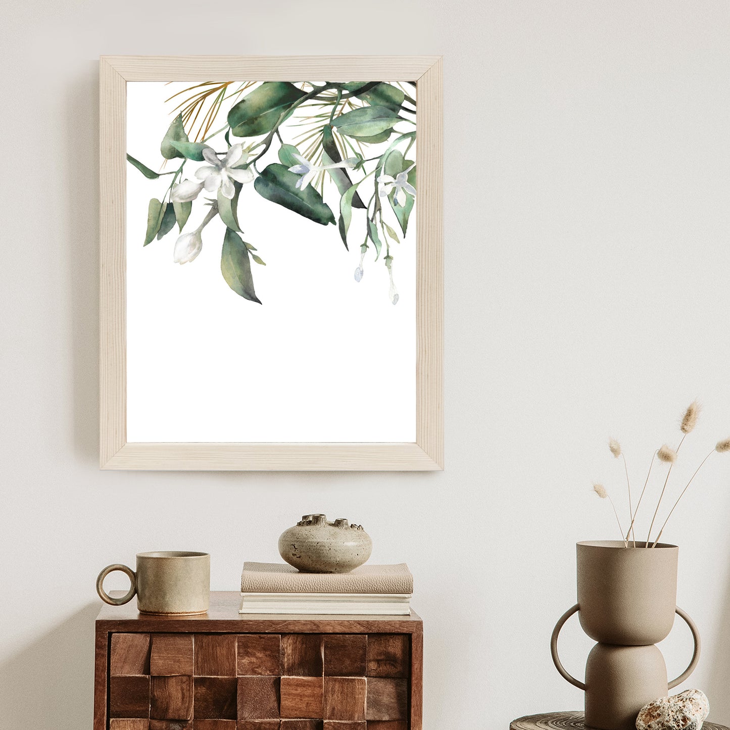 Poster Weiße Blumen Auf Grünen Aquarellzweigen Rahmen Holz Mit Passepartout Farbe Natürlich