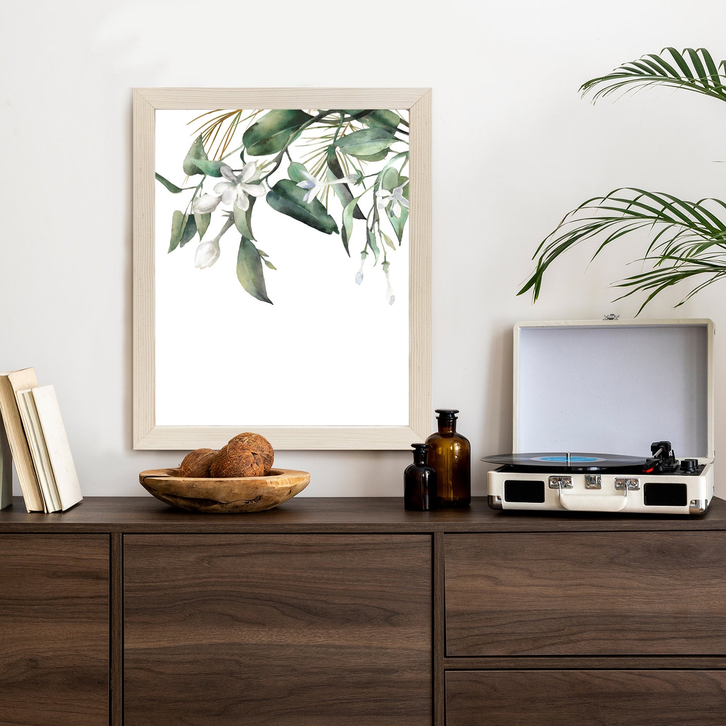 Poster Weiße Blumen Auf Grünen Aquarellzweigen Rahmen Holz Mit Passepartout Farbe Natürlich