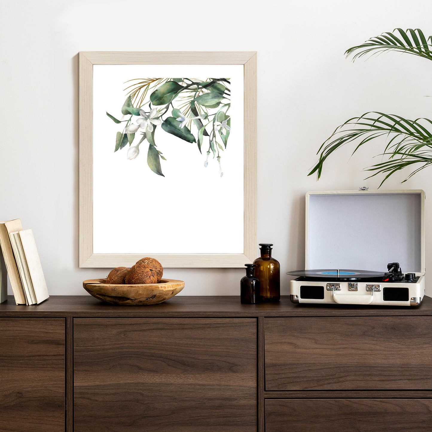 Poster Weiße Blumen Auf Grünen Aquarellzweigen Rahmen Holz Mit Passepartout Farbe Natürlich