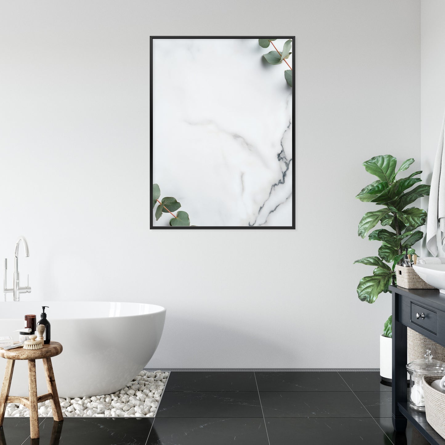 Poster Grünes Eukalyptusblatt Auf Marmor Rahmen Holz Mit Passepartout Farbe Natürlich