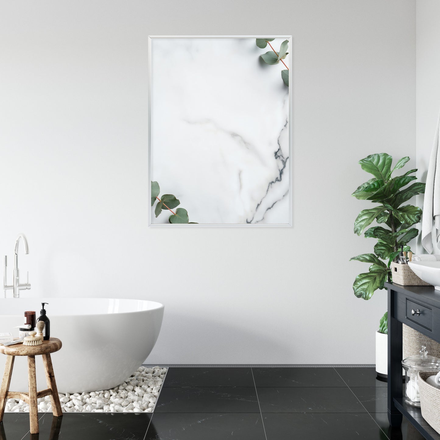 Poster Grünes Eukalyptusblatt Auf Marmor Rahmen Holz Mit Passepartout Farbe Natürlich