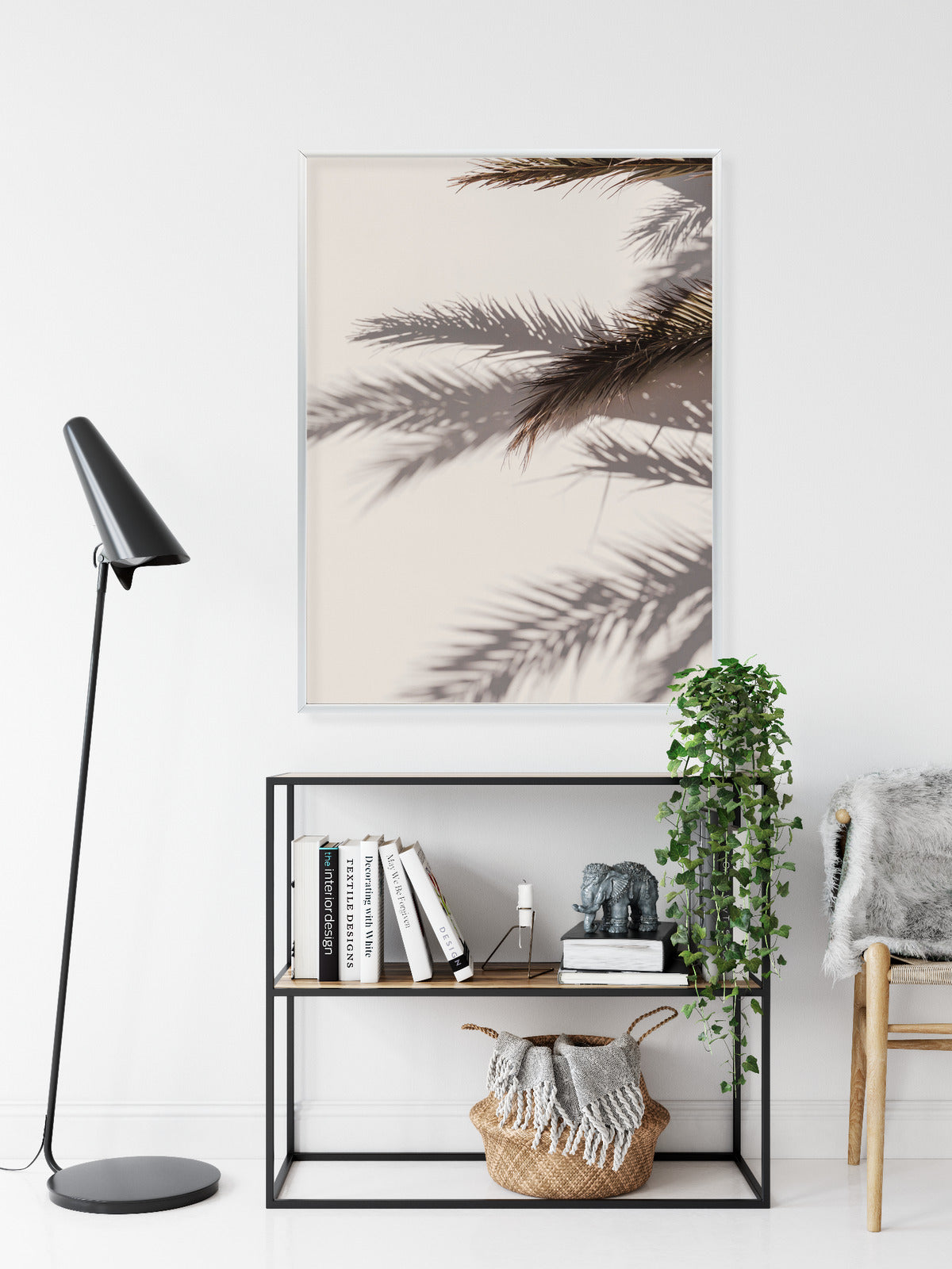 Poster Palmblätter Mit Schattenreflexion An Der Wand Rahmen Holz Mit Passepartout Farbe Natürlich