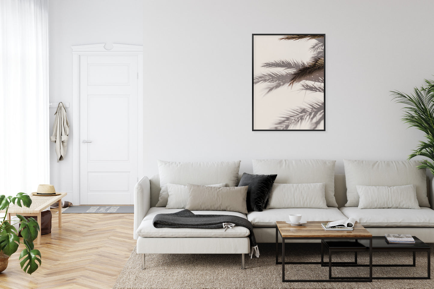 Poster Palmblätter Mit Schattenreflexion An Der Wand Rahmen Holz Mit Passepartout Farbe Natürlich