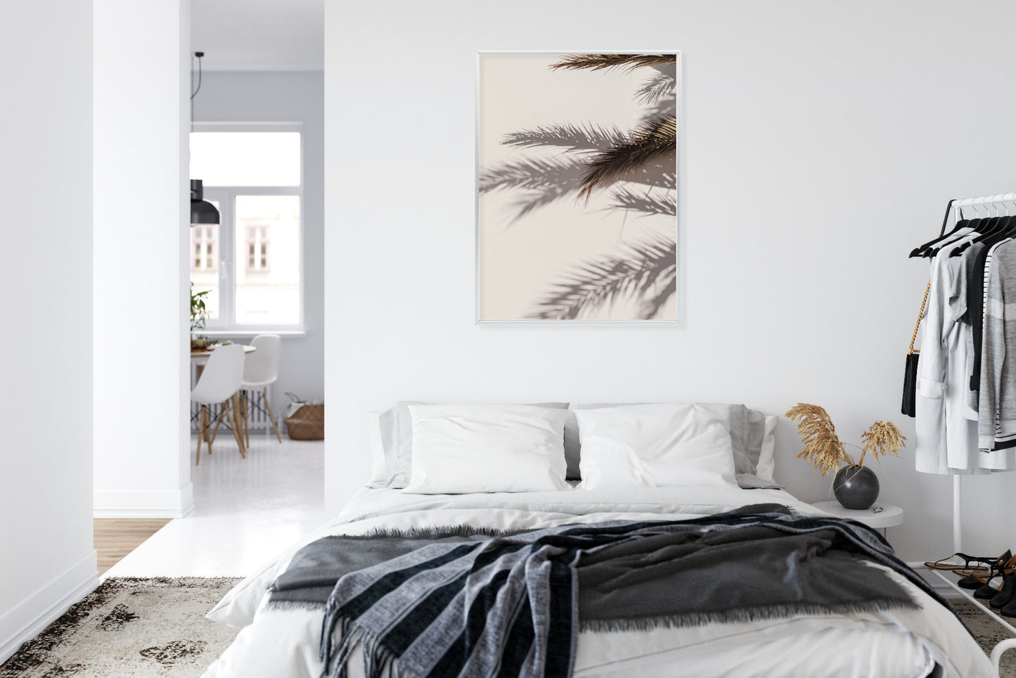 Poster Palmblätter Mit Schattenreflexion An Der Wand Rahmen Holz Mit Passepartout Farbe Natürlich