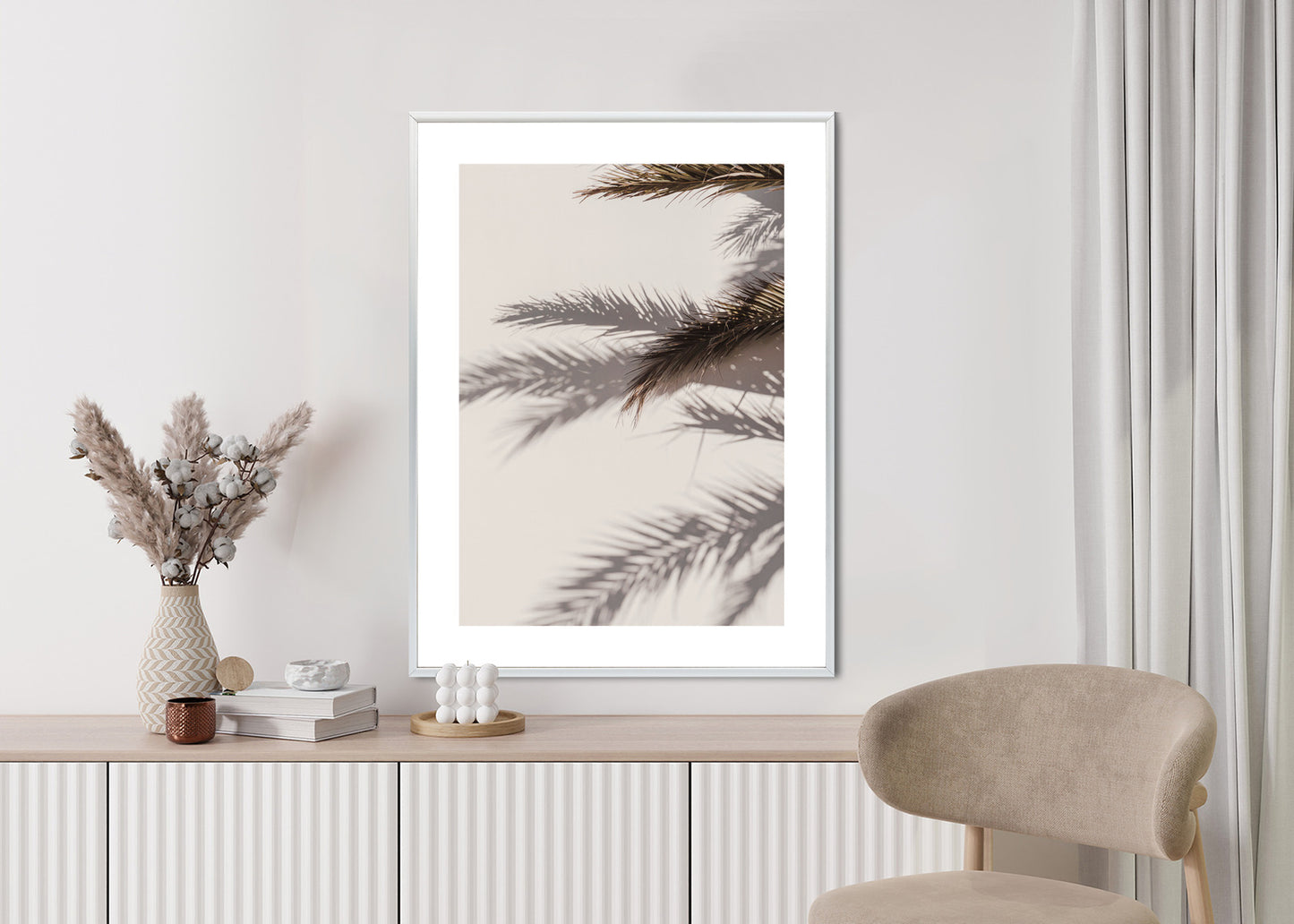 Poster Palmblätter Mit Schattenreflexion An Der Wand Rahmen Holz Mit Passepartout Farbe Natürlich