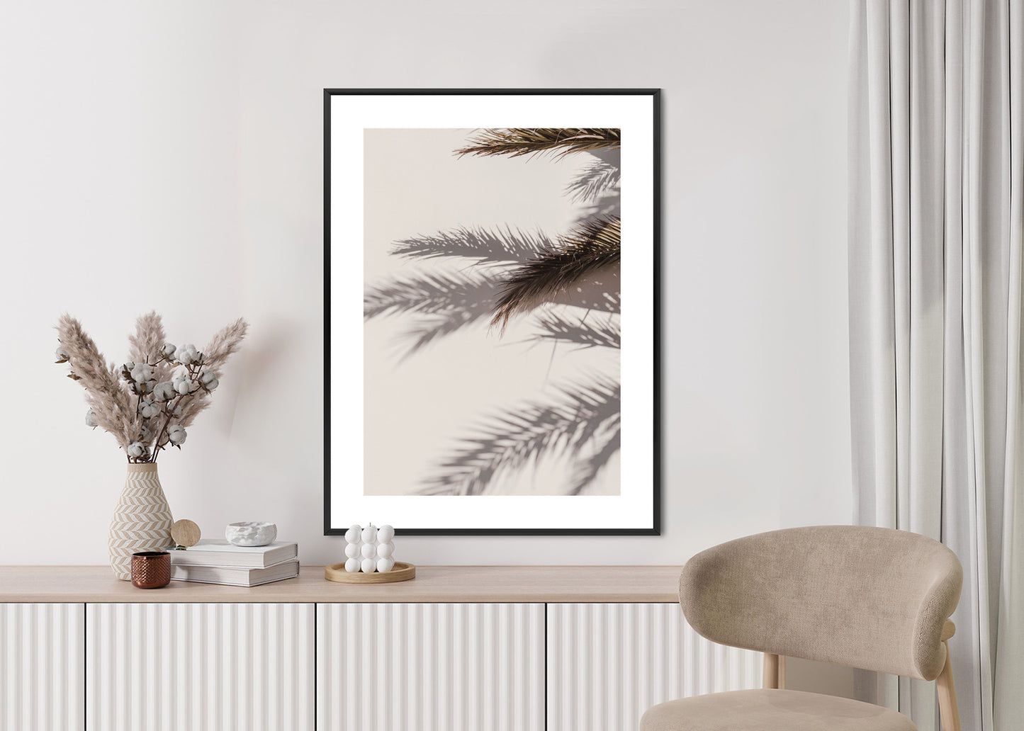 Poster Palmblätter Mit Schattenreflexion An Der Wand Rahmen Holz Mit Passepartout Farbe Natürlich