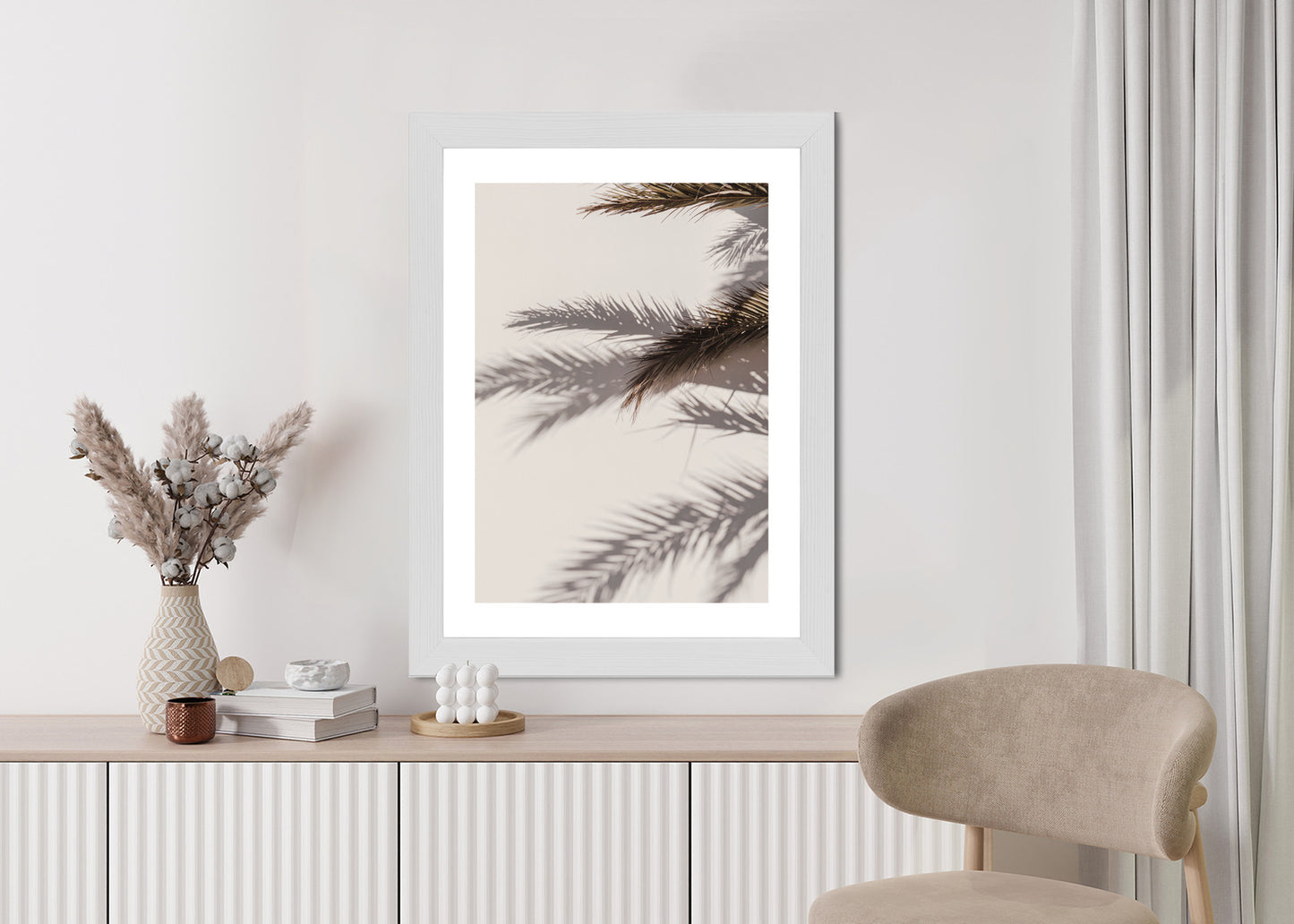 Poster Palmblätter Mit Schattenreflexion An Der Wand Rahmen Holz Mit Passepartout Farbe Natürlich