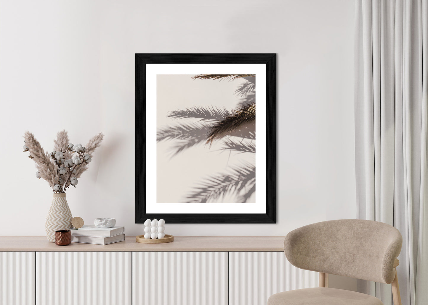 Poster Palmblätter Mit Schattenreflexion An Der Wand Rahmen Holz Mit Passepartout Farbe Natürlich