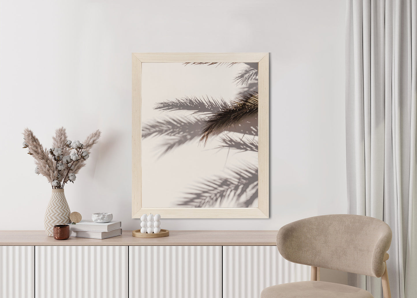 Poster Palmblätter Mit Schattenreflexion An Der Wand Rahmen Holz Mit Passepartout Farbe Natürlich