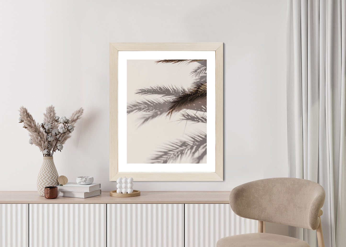 Poster Palmblätter Mit Schattenreflexion An Der Wand Rahmen Holz Mit Passepartout Farbe Natürlich