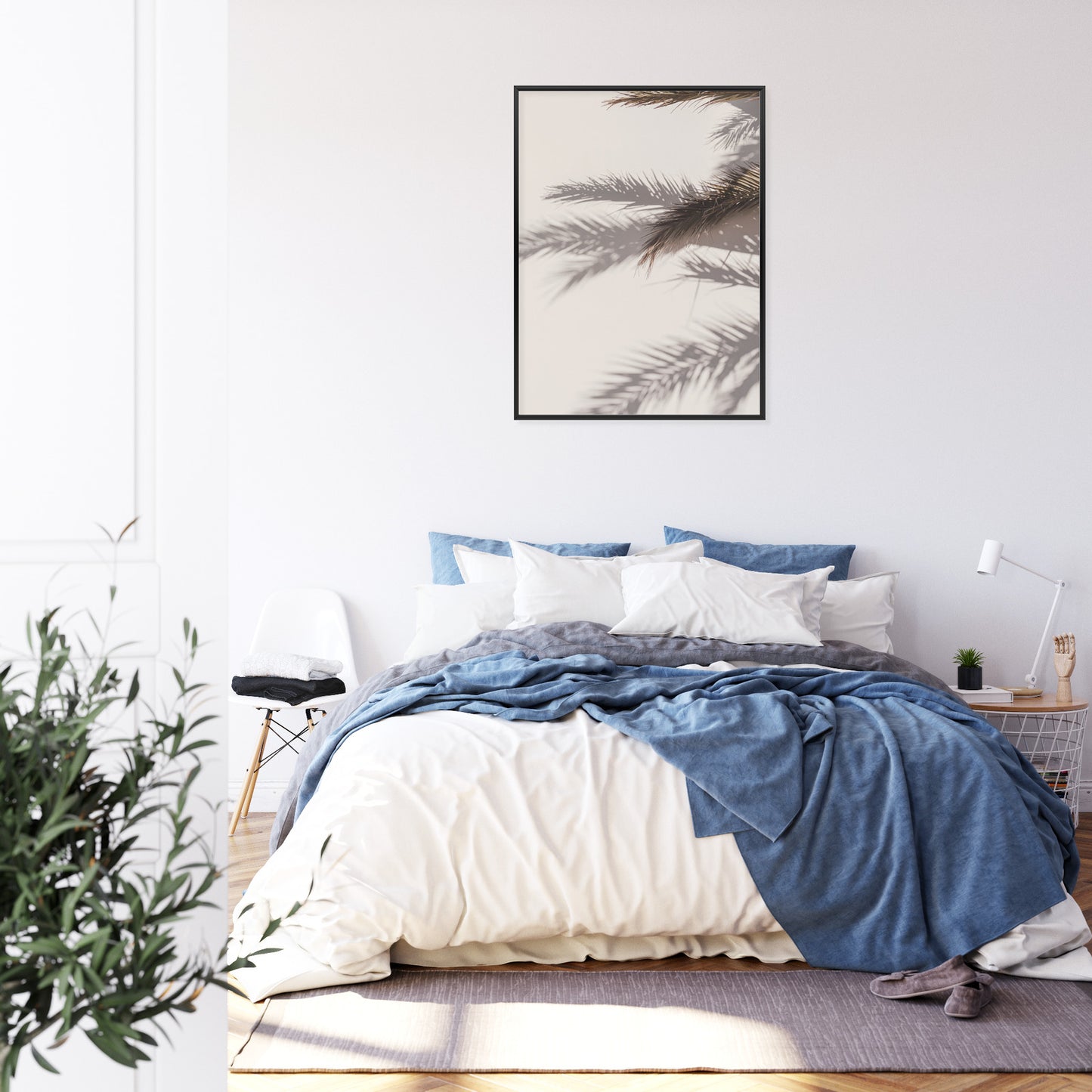 Poster Palmblätter Mit Schattenreflexion An Der Wand Rahmen Holz Mit Passepartout Farbe Natürlich