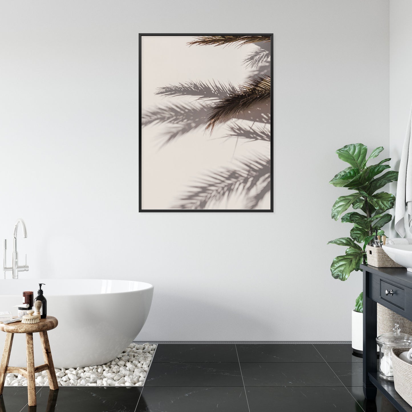 Poster Palmblätter Mit Schattenreflexion An Der Wand Rahmen Holz Mit Passepartout Farbe Natürlich