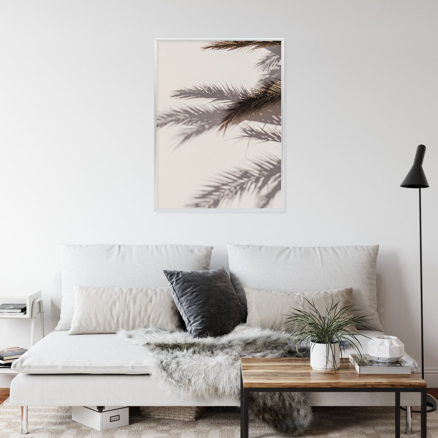 Poster Palmblätter Mit Schattenreflexion An Der Wand Rahmen Holz Mit Passepartout Farbe Natürlich