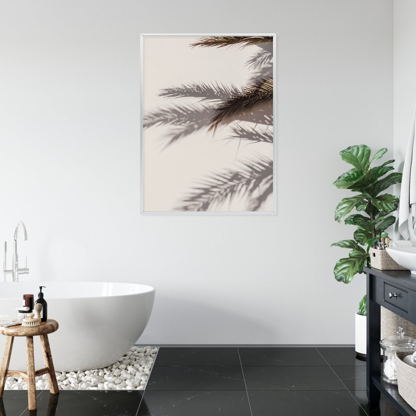 Poster Palmblätter Mit Schattenreflexion An Der Wand Rahmen Holz Mit Passepartout Farbe Natürlich