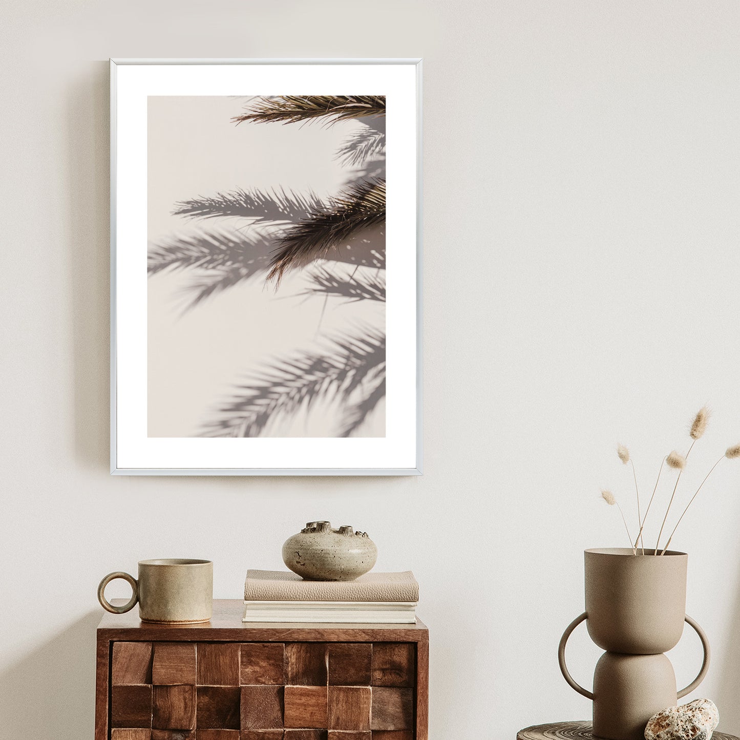 Poster Palmblätter Mit Schattenreflexion An Der Wand Rahmen Holz Mit Passepartout Farbe Natürlich