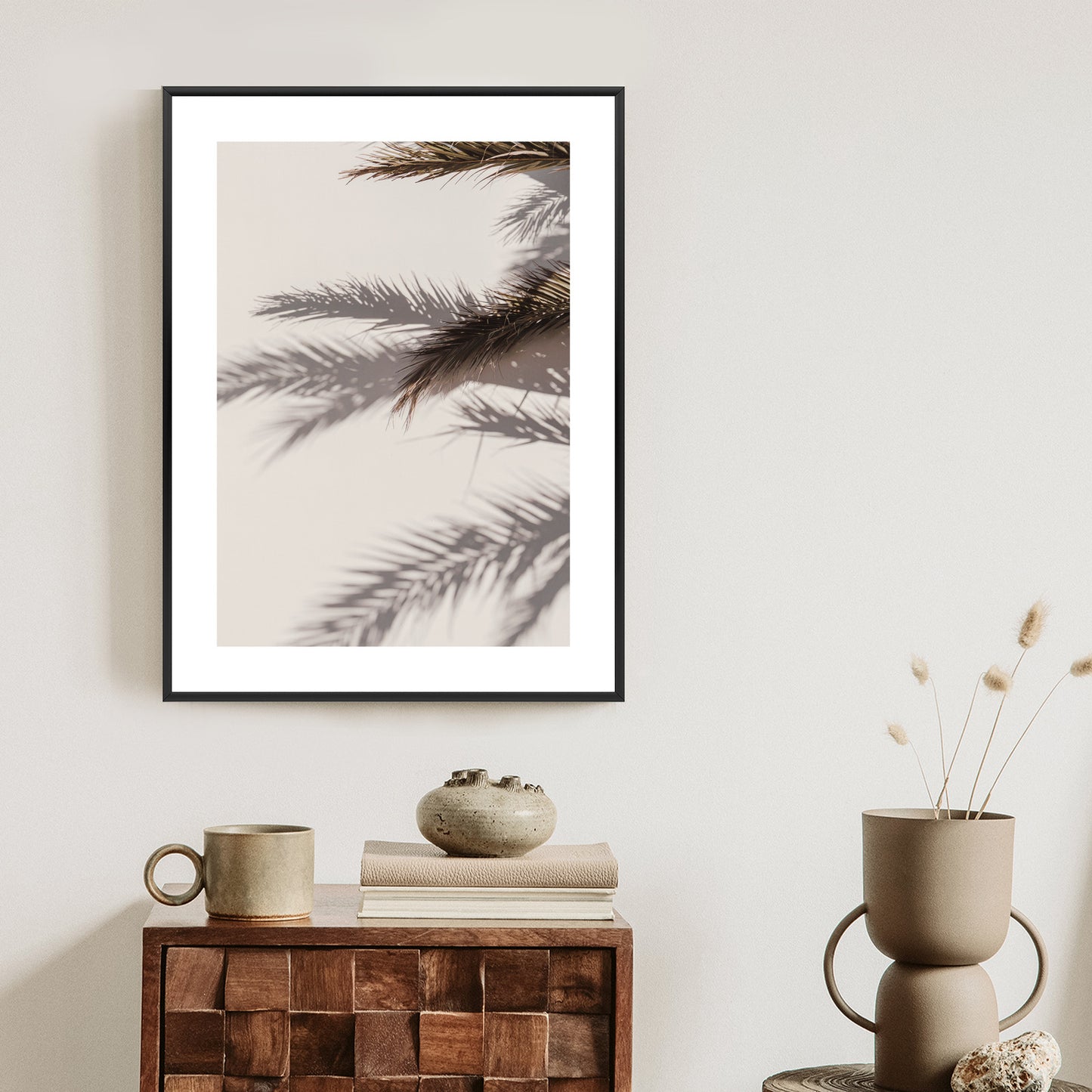 Poster Palmblätter Mit Schattenreflexion An Der Wand Rahmen Holz Mit Passepartout Farbe Natürlich
