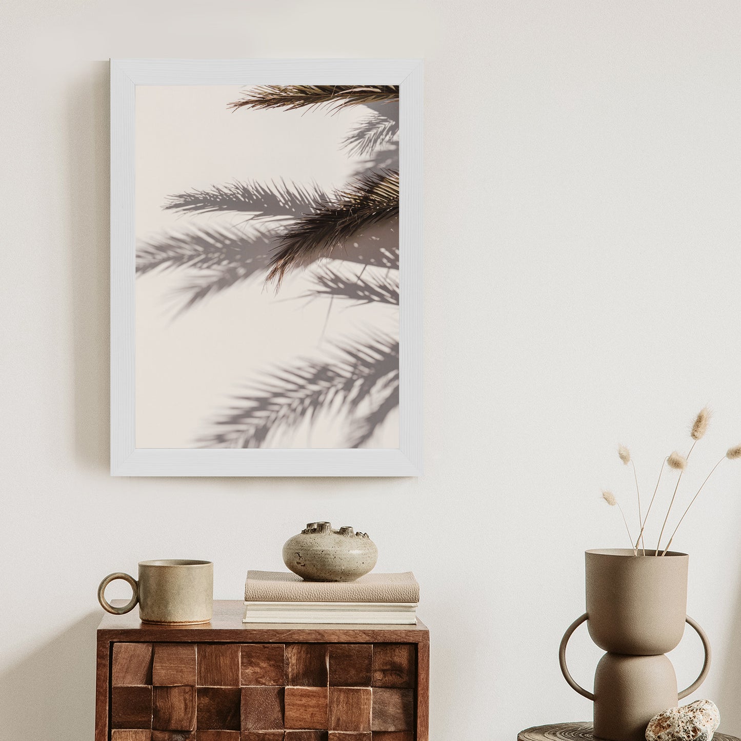 Poster Palmblätter Mit Schattenreflexion An Der Wand Rahmen Holz Mit Passepartout Farbe Natürlich
