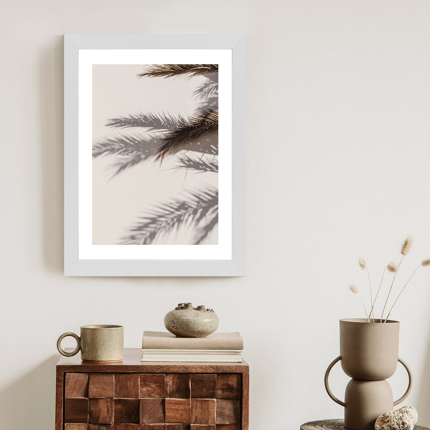 Poster Palmblätter Mit Schattenreflexion An Der Wand Rahmen Holz Mit Passepartout Farbe Natürlich