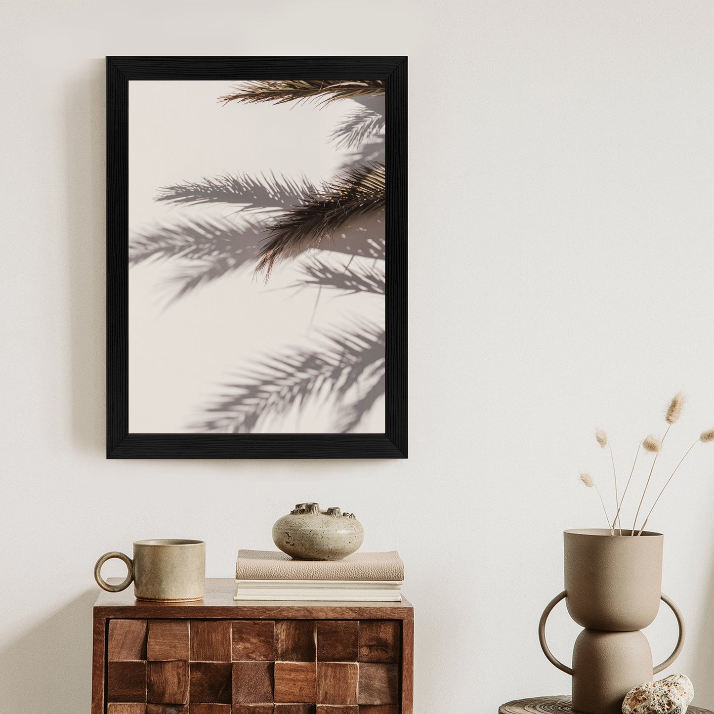 Poster Palmblätter Mit Schattenreflexion An Der Wand Rahmen Holz Mit Passepartout Farbe Natürlich