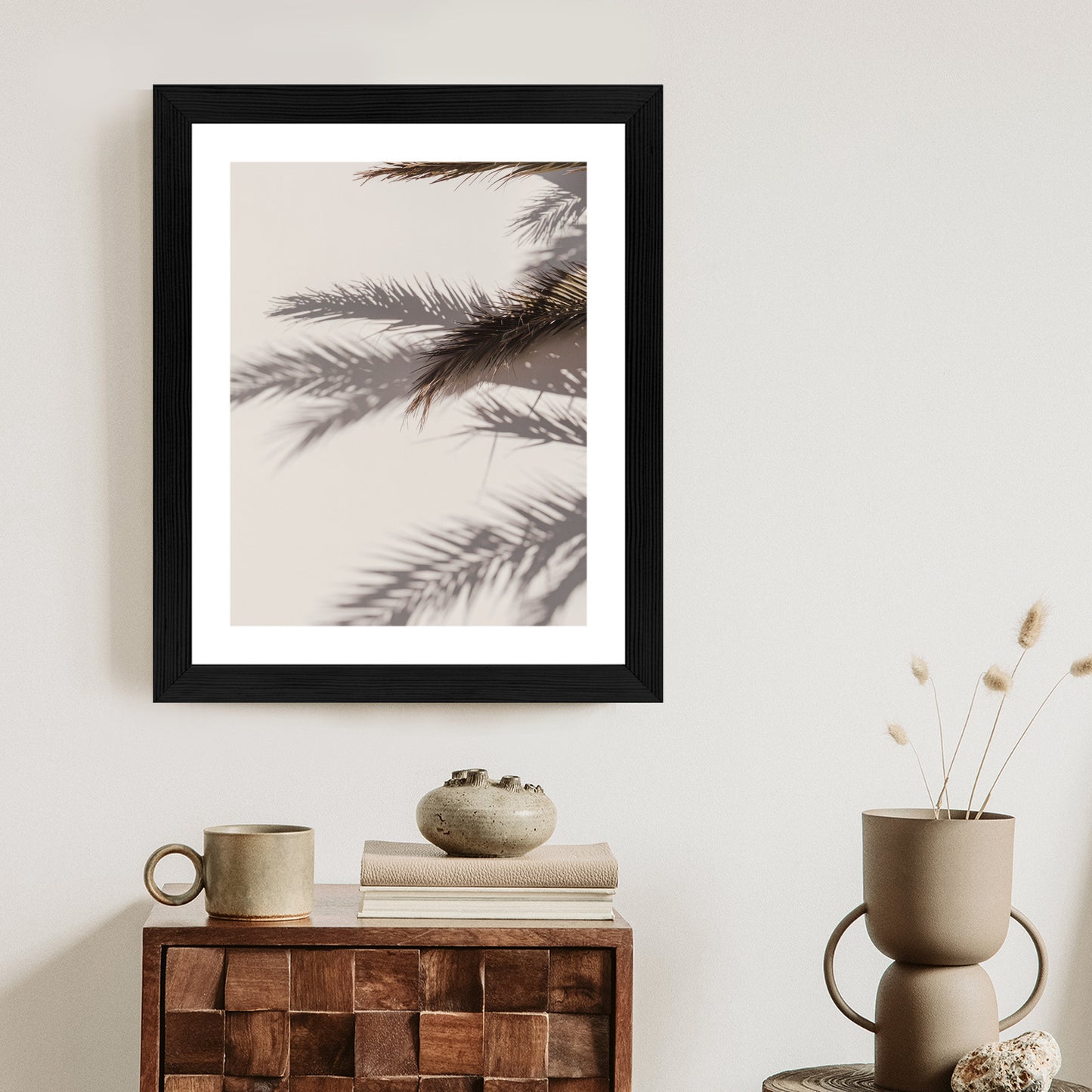 Poster Palmblätter Mit Schattenreflexion An Der Wand Rahmen Holz Mit Passepartout Farbe Natürlich