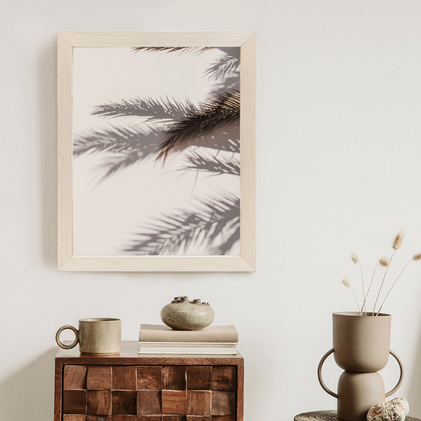 Poster Palmblätter Mit Schattenreflexion An Der Wand Rahmen Holz Mit Passepartout Farbe Natürlich