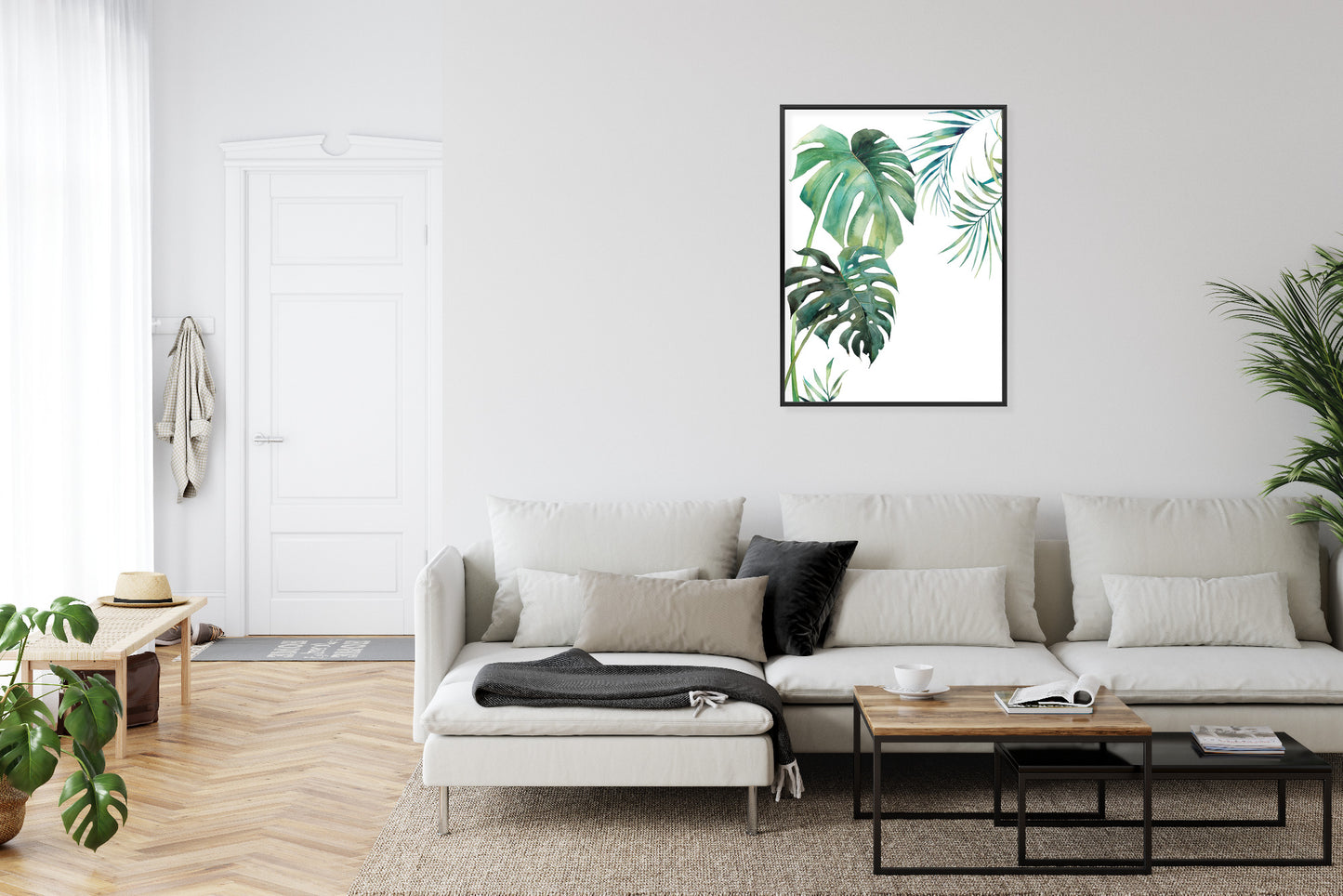 Poster Tropisches Muster Mit Aquarellpalmen- Und Monsterablättern Rahmen Holz Mit Passepartout Farbe Natürlich