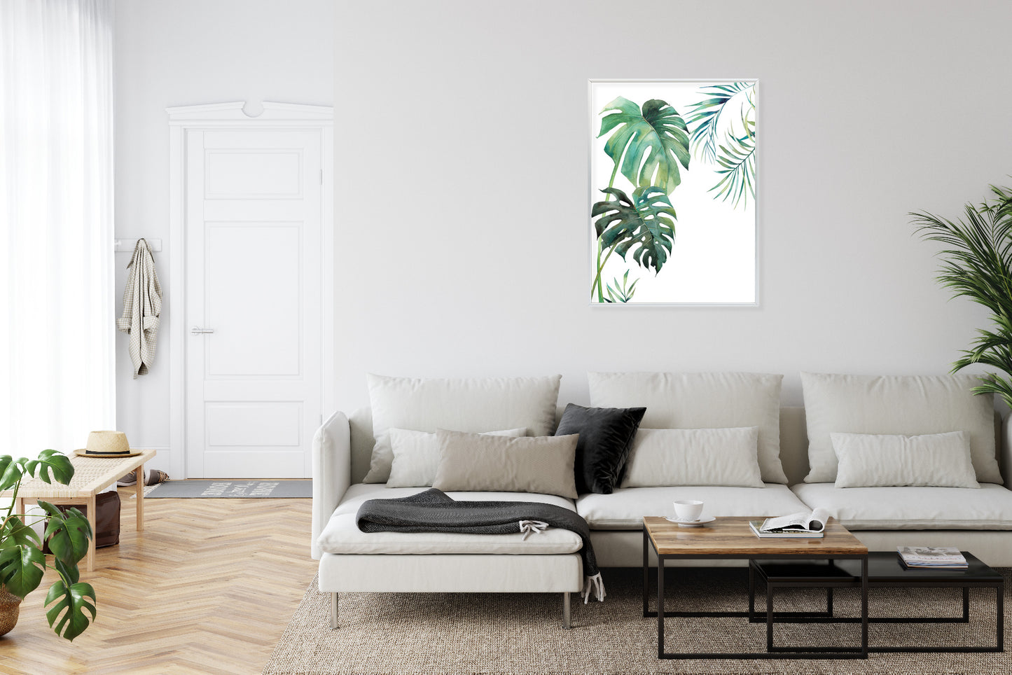 Poster Tropisches Muster Mit Aquarellpalmen- Und Monsterablättern Rahmen Holz Mit Passepartout Farbe Natürlich