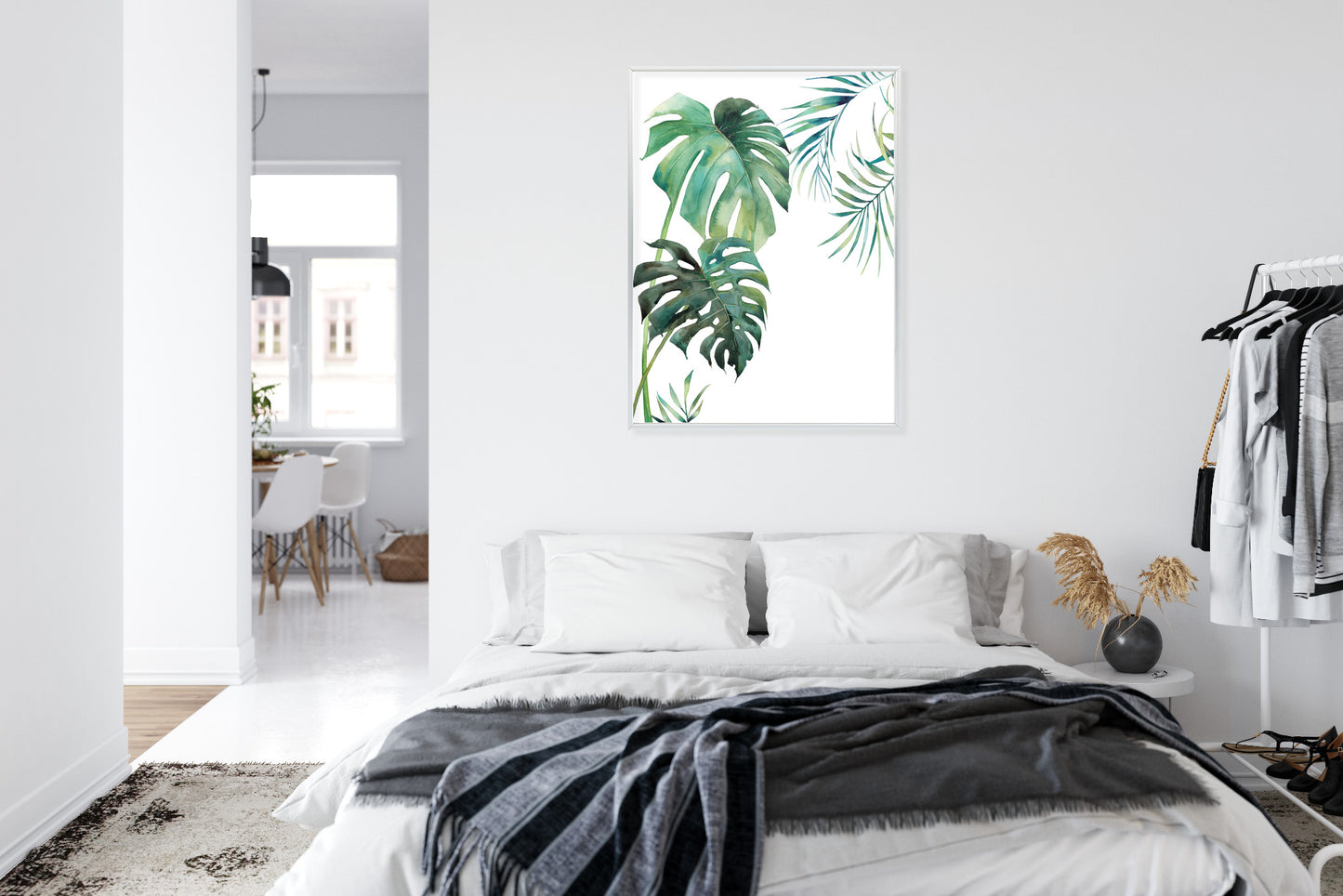 Poster Tropisches Muster Mit Aquarellpalmen- Und Monsterablättern Rahmen Holz Mit Passepartout Farbe Natürlich