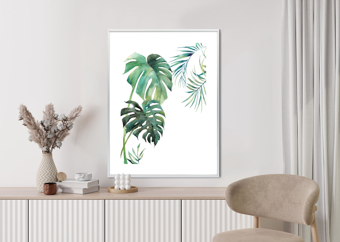 Poster Tropisches Muster Mit Aquarellpalmen- Und Monsterablättern Rahmen Holz Mit Passepartout Farbe Natürlich