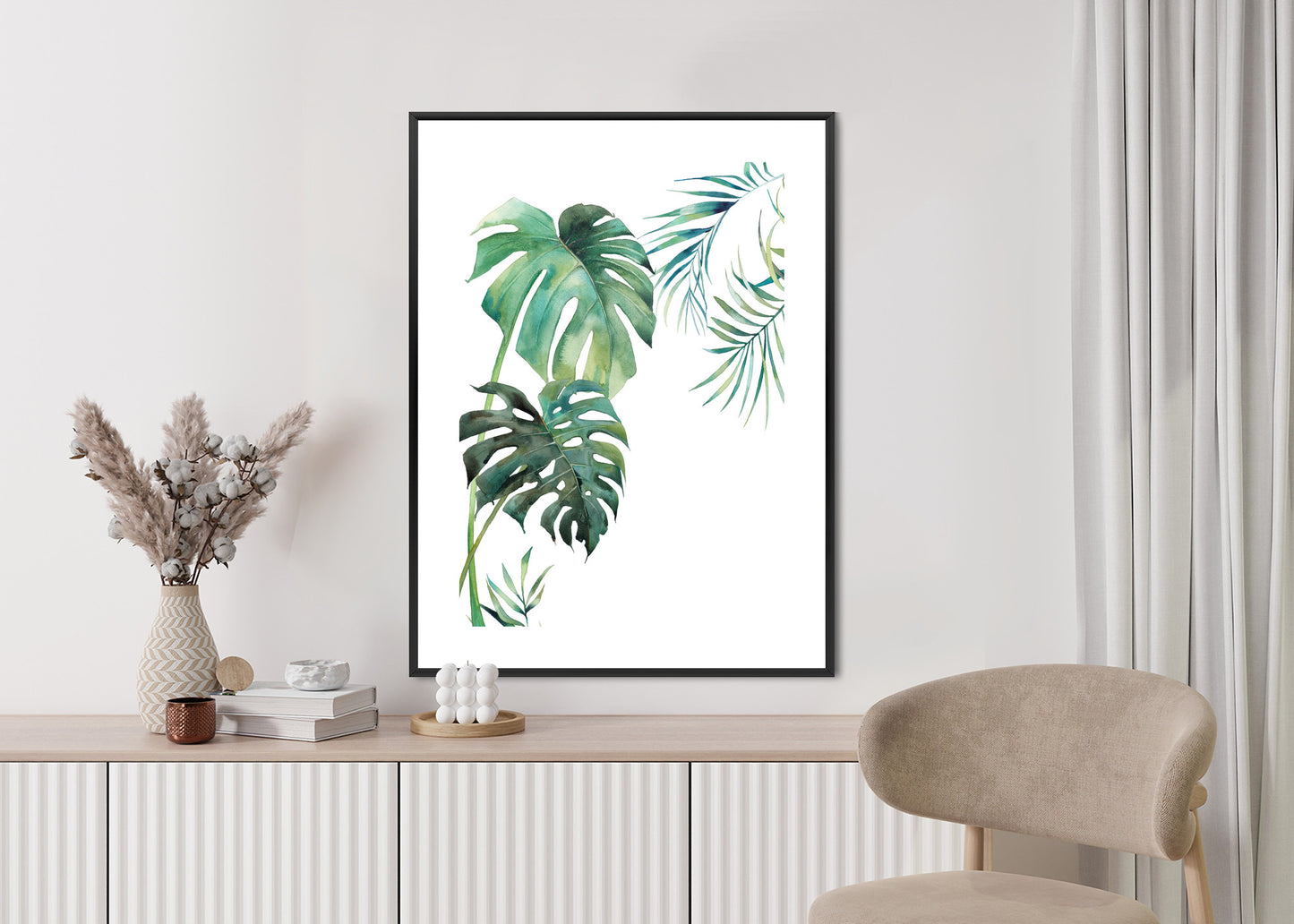Poster Tropisches Muster Mit Aquarellpalmen- Und Monsterablättern Rahmen Holz Mit Passepartout Farbe Natürlich