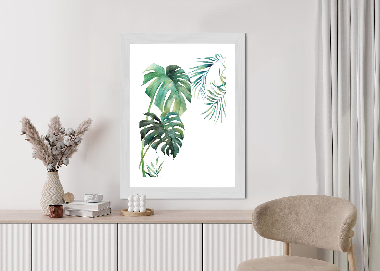 Poster Tropisches Muster Mit Aquarellpalmen- Und Monsterablättern Rahmen Holz Mit Passepartout Farbe Natürlich
