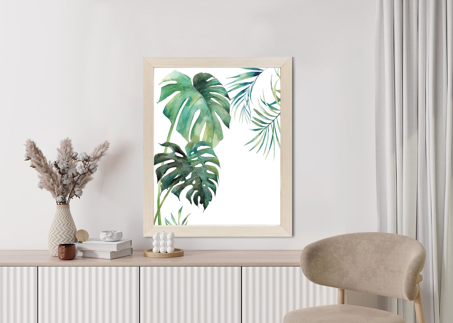 Poster Tropisches Muster Mit Aquarellpalmen- Und Monsterablättern Rahmen Holz Mit Passepartout Farbe Natürlich