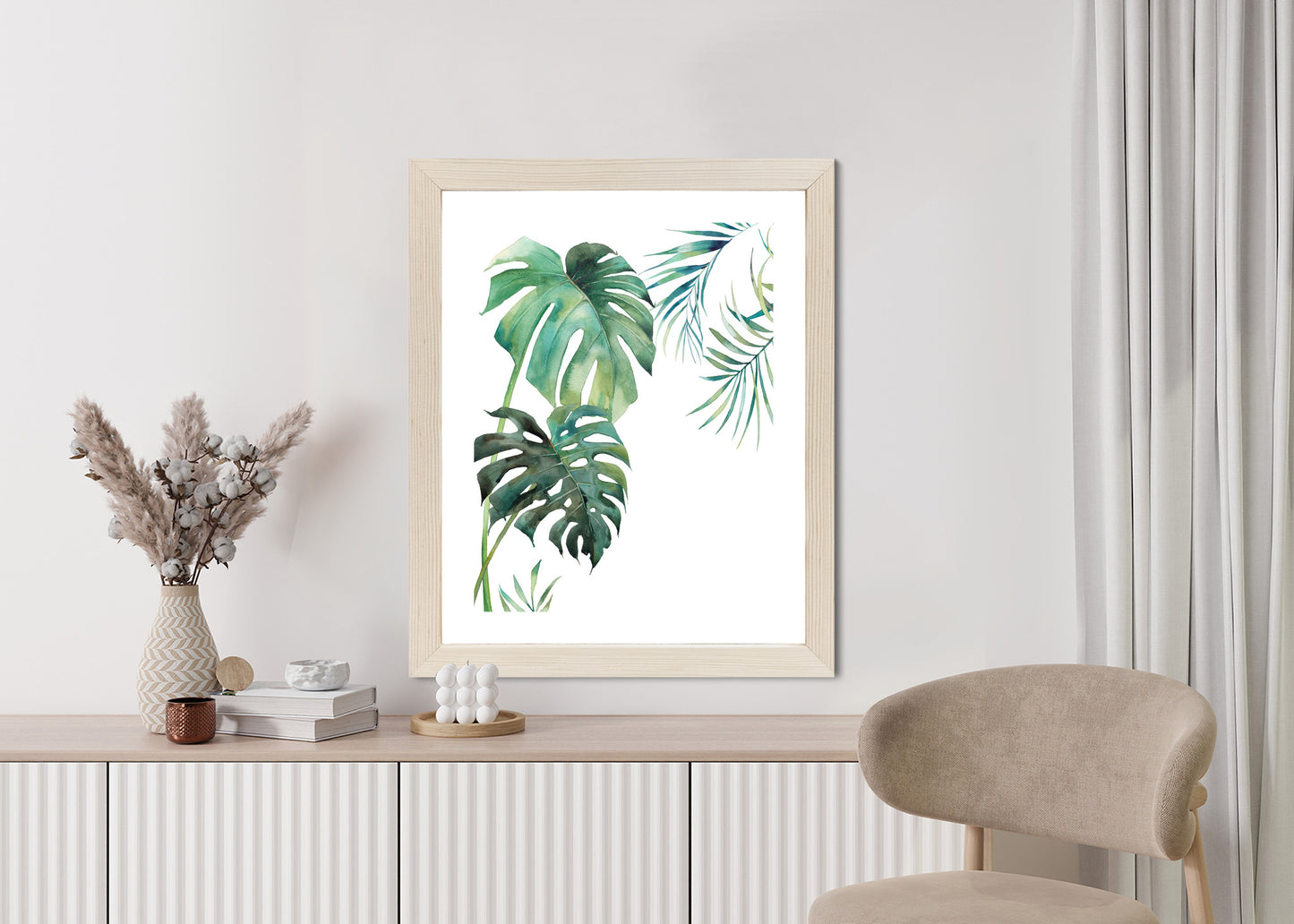 Poster Tropisches Muster Mit Aquarellpalmen- Und Monsterablättern Rahmen Holz Mit Passepartout Farbe Natürlich