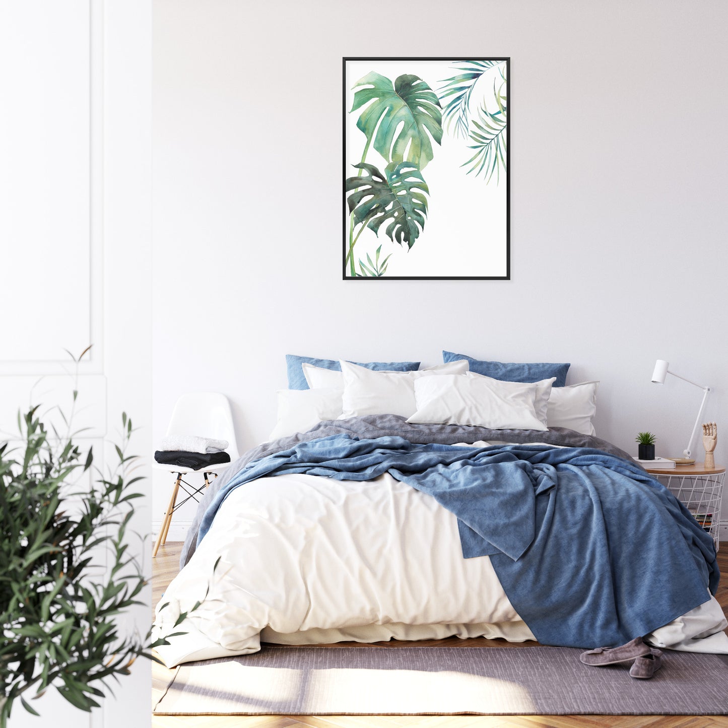 Poster Tropisches Muster Mit Aquarellpalmen- Und Monsterablättern Rahmen Holz Mit Passepartout Farbe Natürlich
