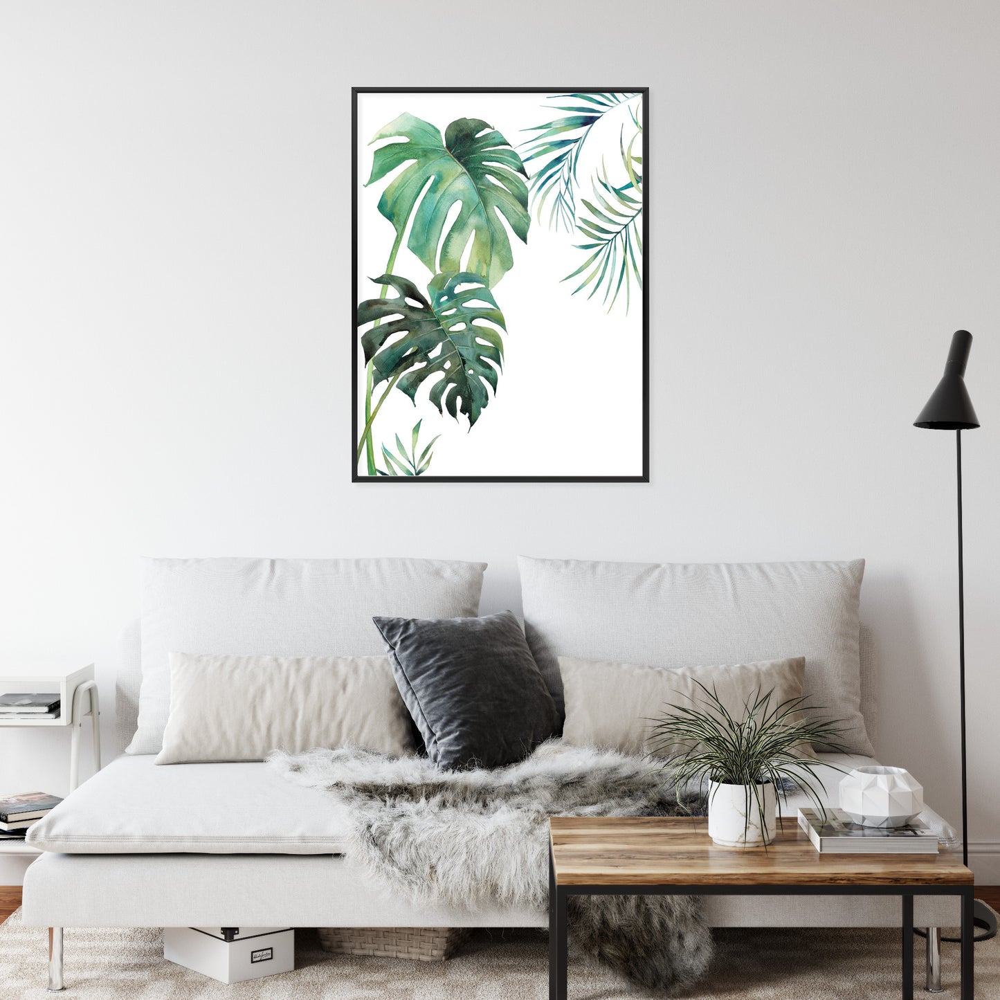 Poster Tropisches Muster Mit Aquarellpalmen- Und Monsterablättern Rahmen Holz Mit Passepartout Farbe Natürlich
