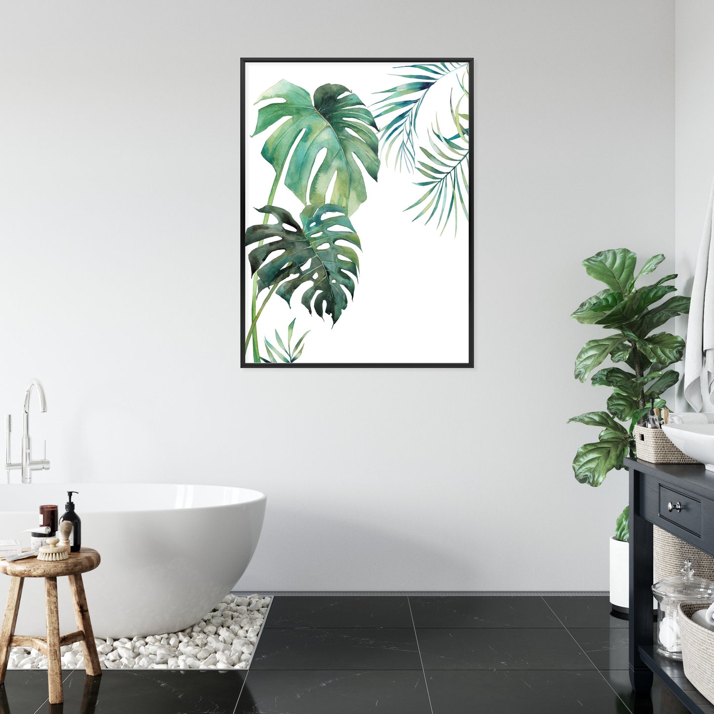 Poster Tropisches Muster Mit Aquarellpalmen- Und Monsterablättern Rahmen Holz Mit Passepartout Farbe Natürlich