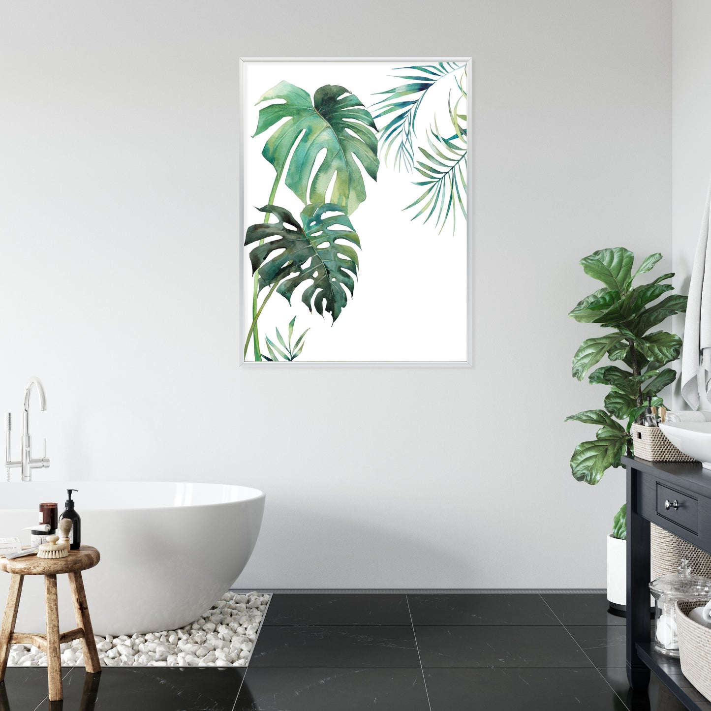 Poster Tropisches Muster Mit Aquarellpalmen- Und Monsterablättern Rahmen Holz Mit Passepartout Farbe Natürlich