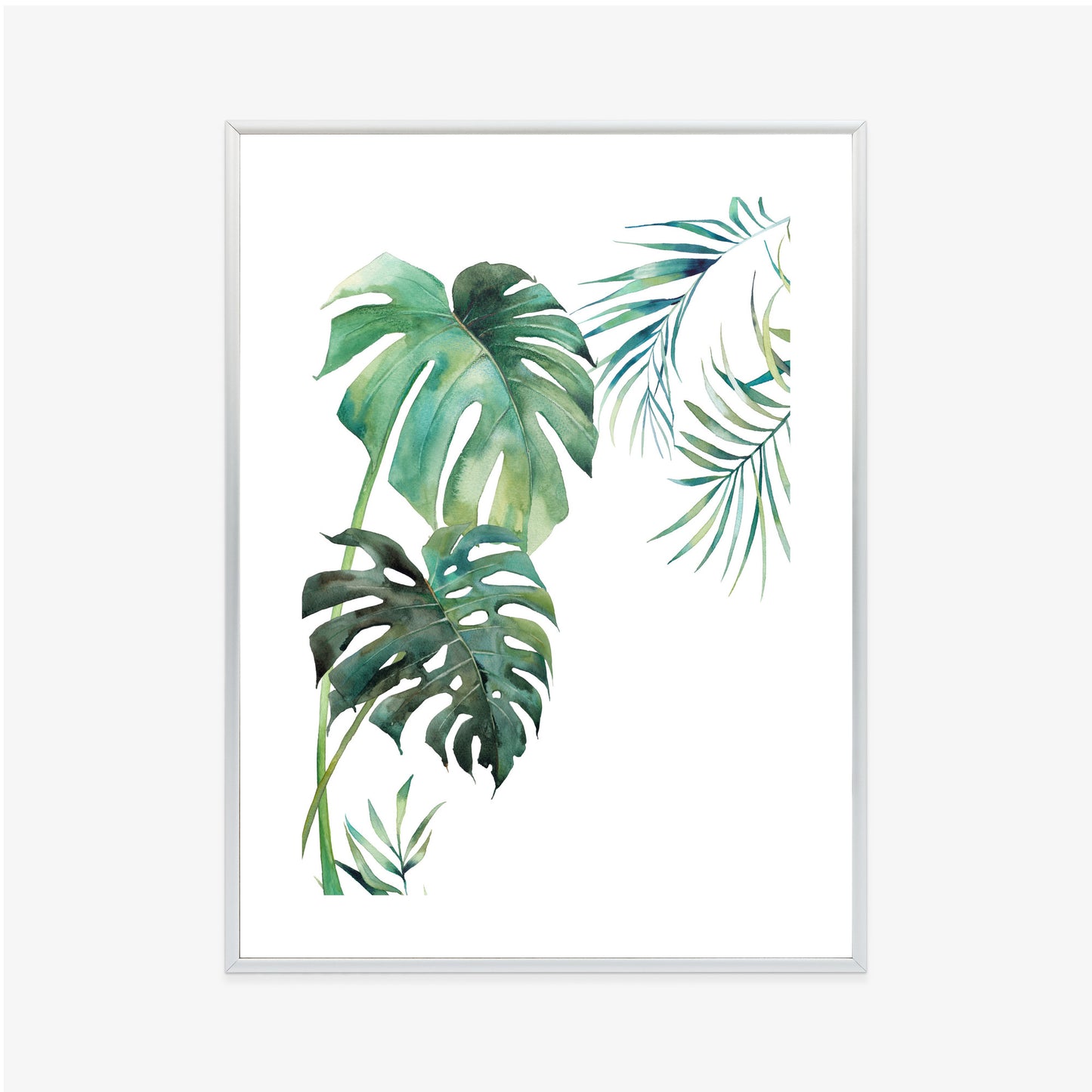 Poster Tropisches Muster Mit Aquarellpalmen- Und Monsterablättern Rahmen Holz Mit Passepartout Farbe Natürlich