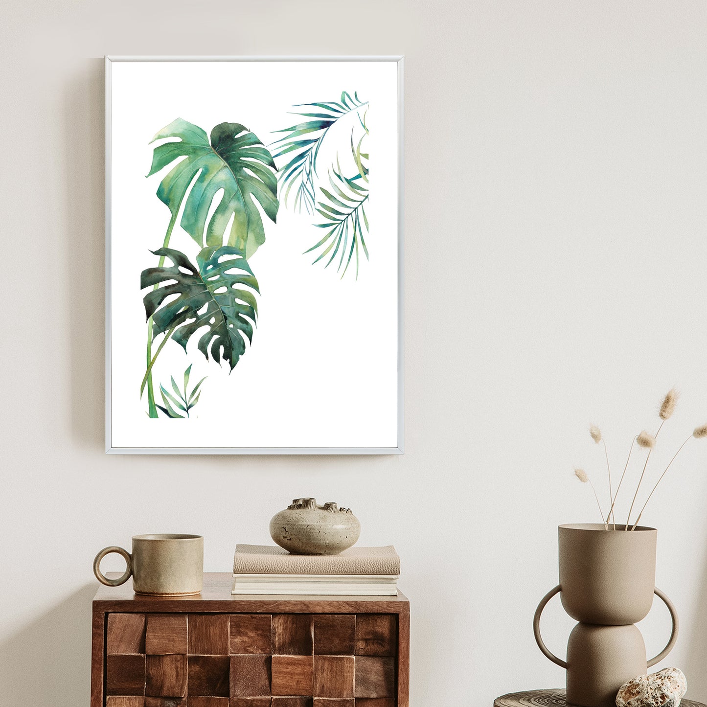Poster Tropisches Muster Mit Aquarellpalmen- Und Monsterablättern Rahmen Holz Mit Passepartout Farbe Natürlich