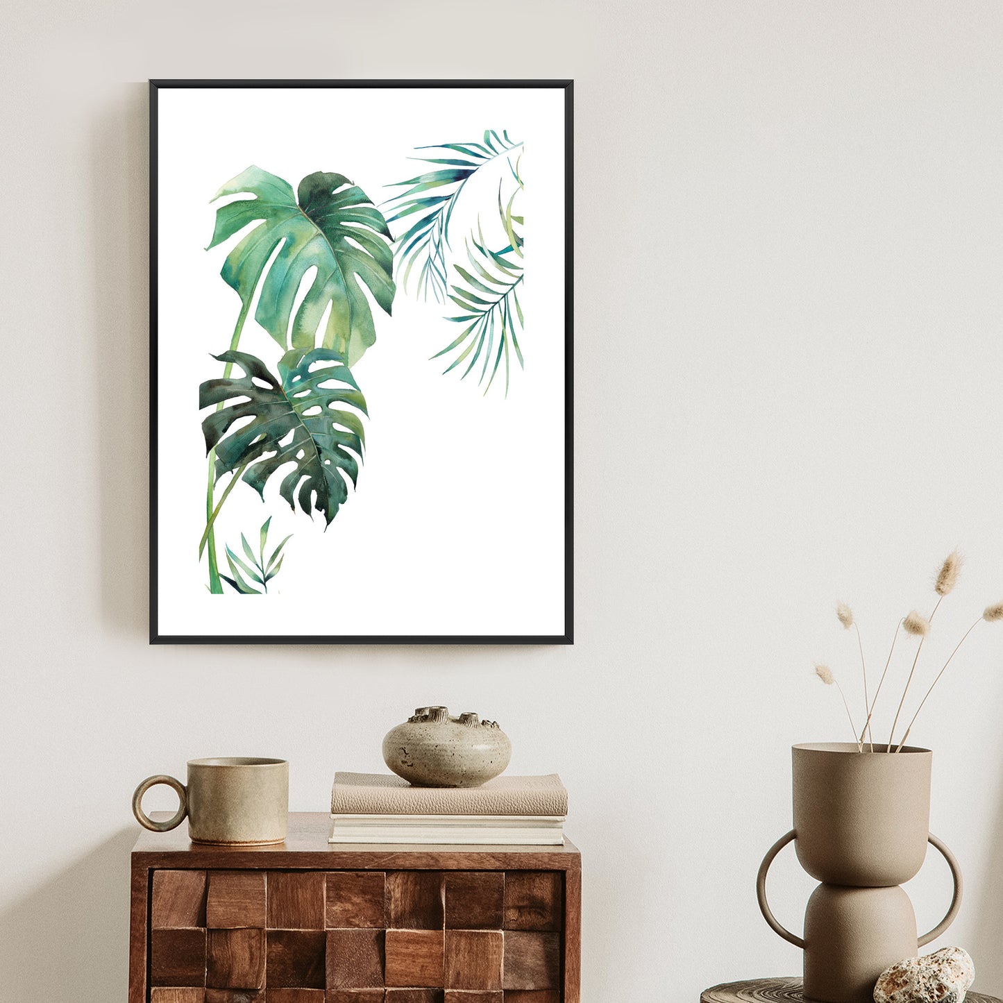 Poster Tropisches Muster Mit Aquarellpalmen- Und Monsterablättern Rahmen Holz Mit Passepartout Farbe Natürlich