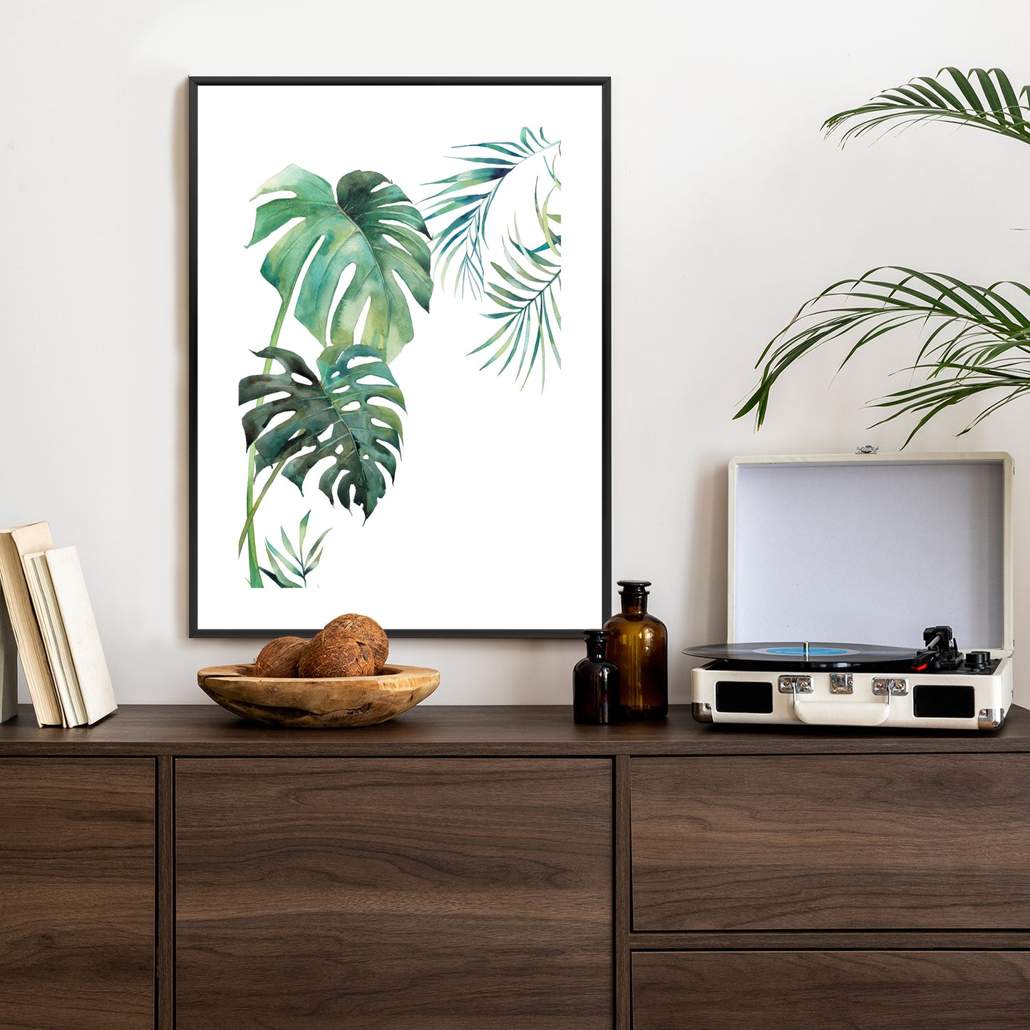 Poster Tropisches Muster Mit Aquarellpalmen- Und Monsterablättern Rahmen Holz Mit Passepartout Farbe Natürlich