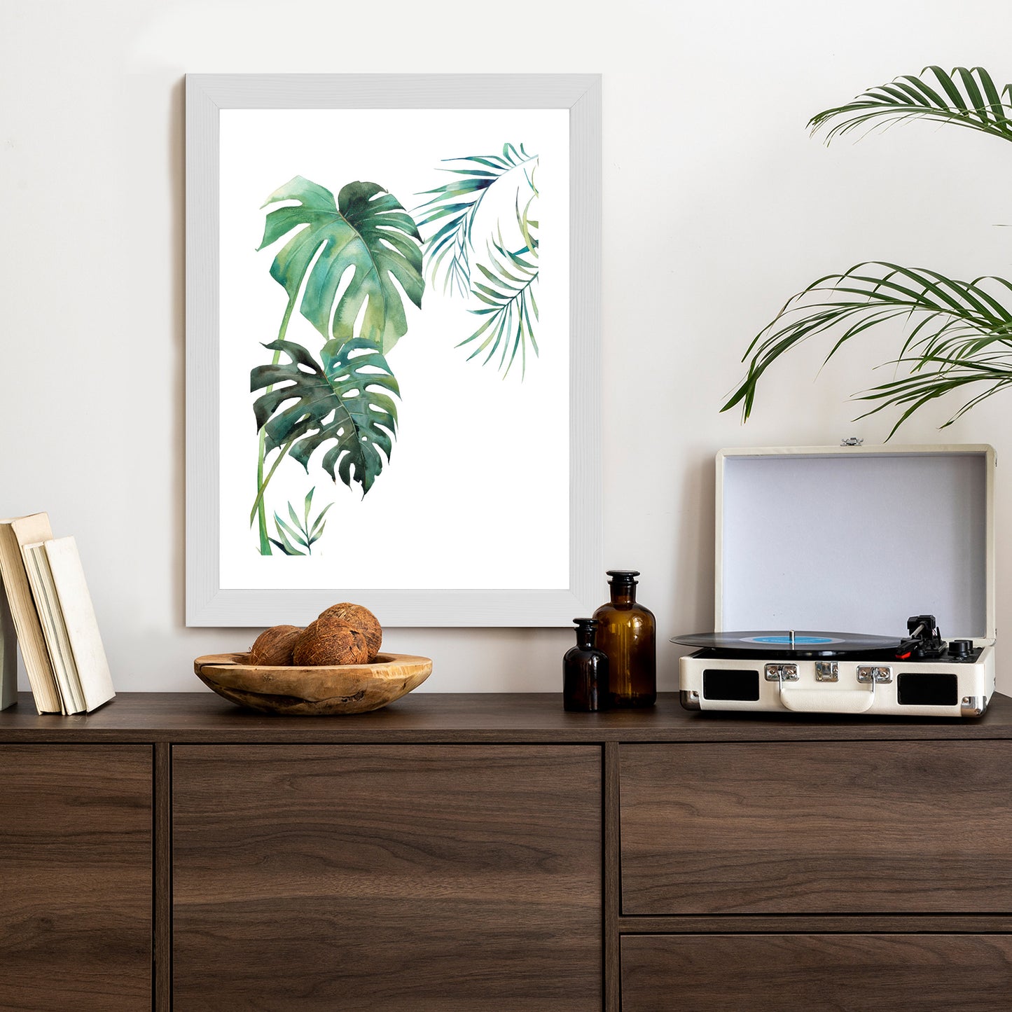 Poster Tropisches Muster Mit Aquarellpalmen- Und Monsterablättern Rahmen Holz Mit Passepartout Farbe Natürlich