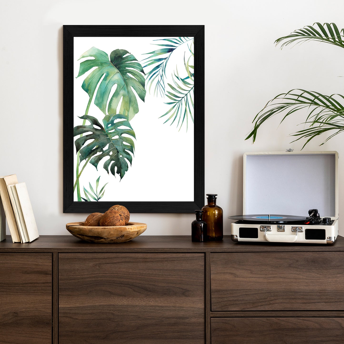 Poster Tropisches Muster Mit Aquarellpalmen- Und Monsterablättern Rahmen Holz Mit Passepartout Farbe Natürlich