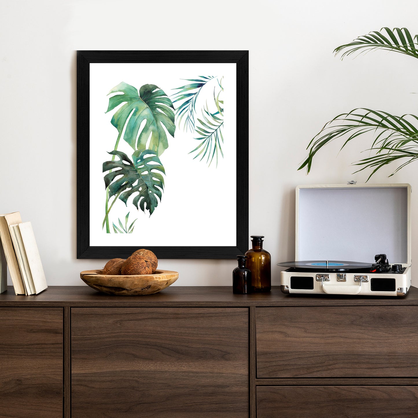 Poster Tropisches Muster Mit Aquarellpalmen- Und Monsterablättern Rahmen Holz Mit Passepartout Farbe Natürlich