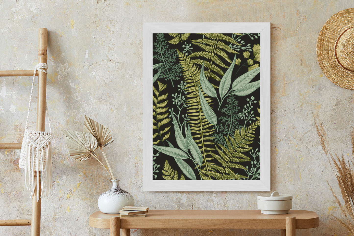 Poster Blumenmuster Im Vintage-Stil Rahmen Holz Mit Passepartout Farbe Natürlich