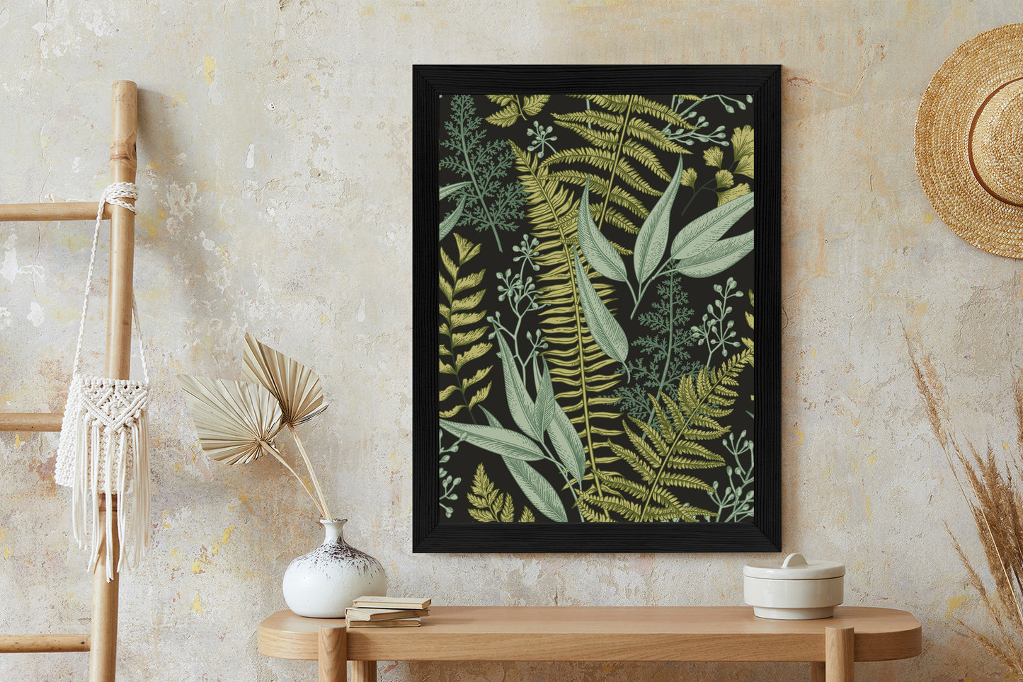 Poster Blumenmuster Im Vintage-Stil Rahmen Holz Mit Passepartout Farbe Natürlich